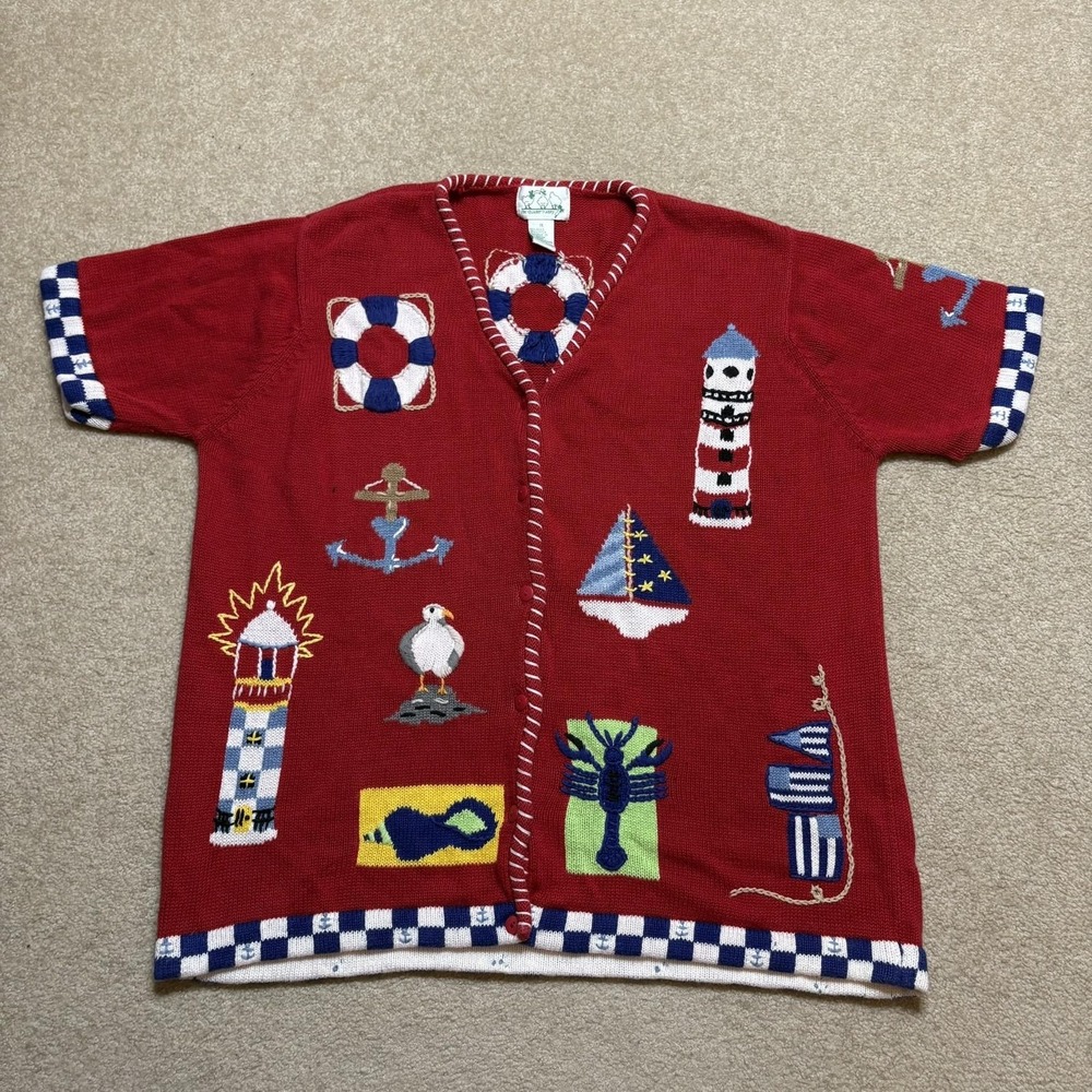 Vtg Quacker Factory Cardigan Sweater Womens 1X Red Nautical Beach Knit Novelty